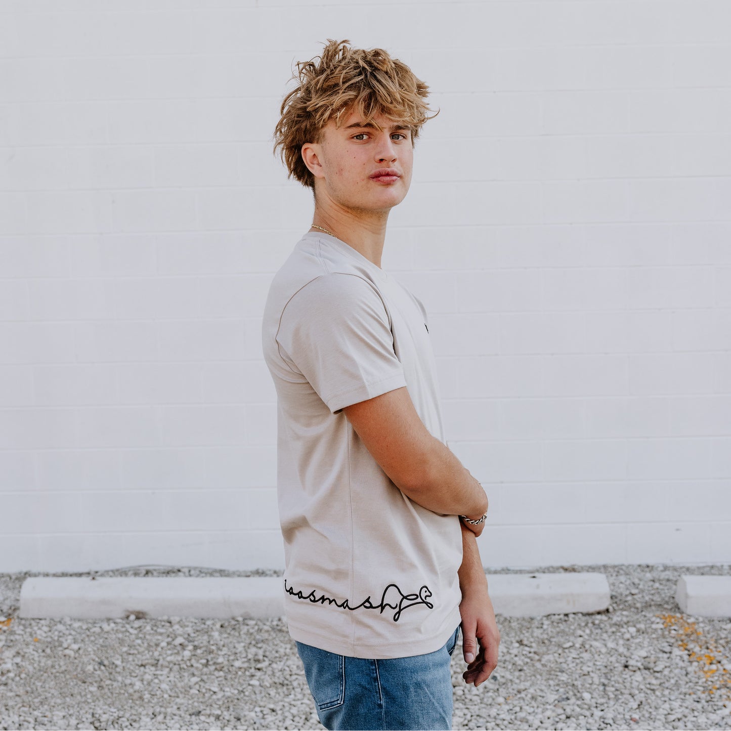 OOsmash men’s beige T-Shirt made from 100% Supima cotton with soft, premium feel.