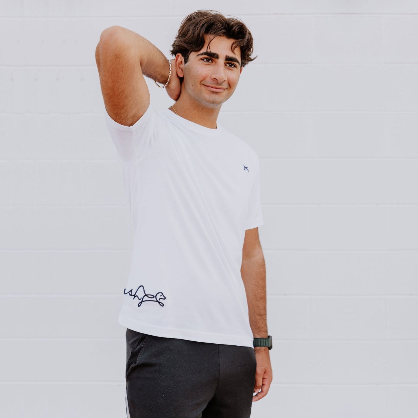 Front view of OOsmash men’s white T-Shirt crafted from high-quality Supima cotton for comfort and durability.