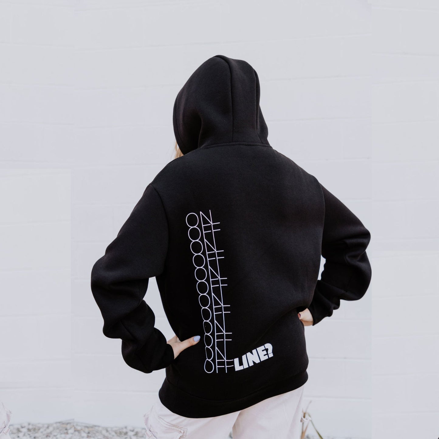 OOsmash women’s black On/Off Line hoodie made from 80% cotton and 20% polyester with soft, premium finish.