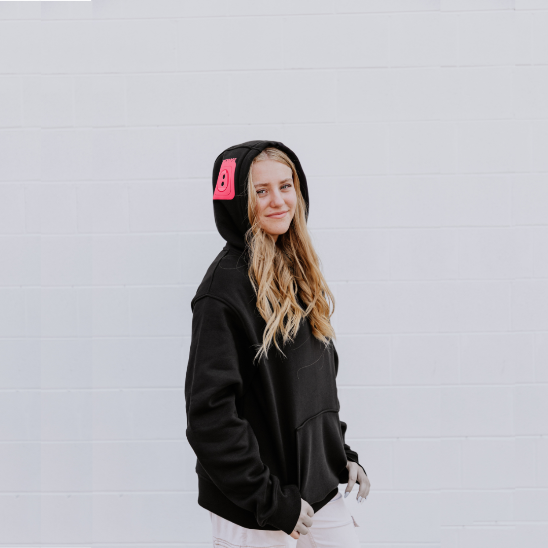 OOsmash women’s black hoodie with red plug design made from 80% cotton and 20% polyester.