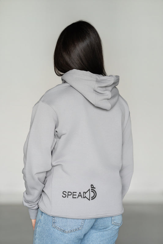 OOsmash Speak Up Hoodie — women's back view, bold Speak Up graphic print, buttery-soft French Terry Cotton, relaxed silhouette