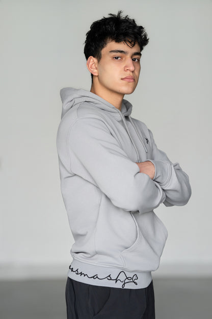 OOsmash Signature Hoodie — side view signature hem embroidery, premium  French Terry cotton hoodie, men's luxury streetwear