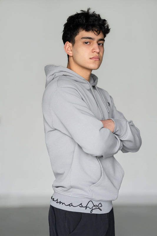 OOsmash Signature Hoodie — side view signature hem embroidery, premium  French Terry cotton hoodie, men's luxury streetwear