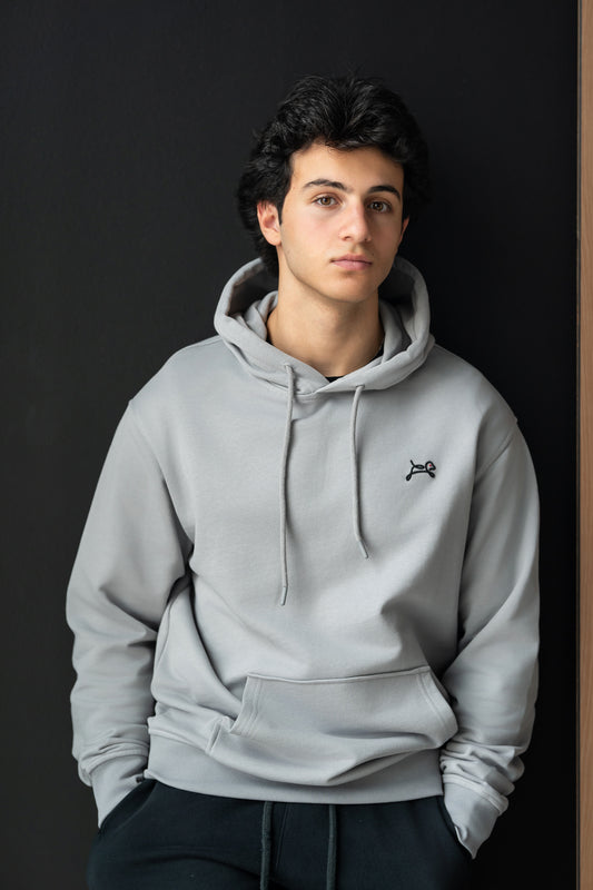 OOsmash Men's Essential Hoodie — front view embroidered logo, premium French Terry cotton relaxed fit hoodie, men's luxury streetwear