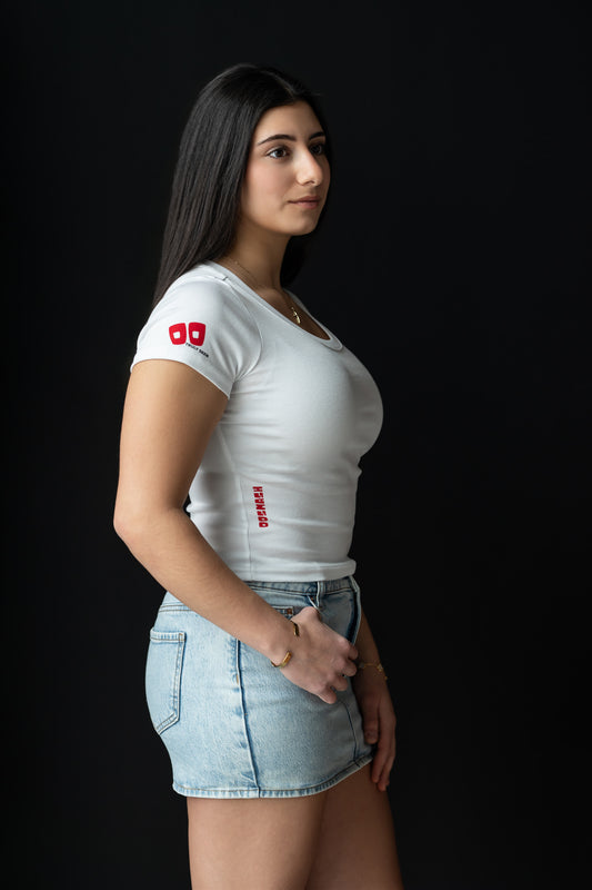 Women's white cotton crew neck crop top — OOsmash Truly Seen, soft breathable fit, side view