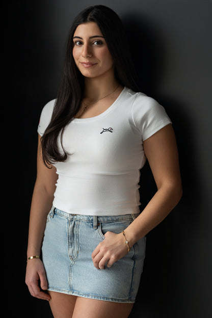 OOsmash Truly Seen white crop top for women — crew neck cotton cropped tee, front view