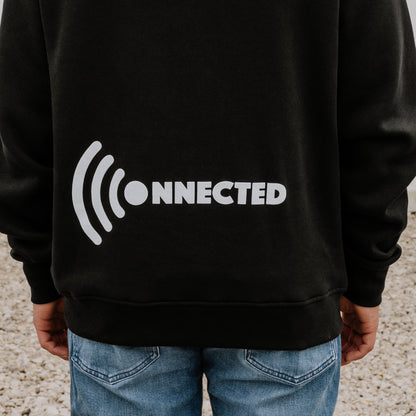 Black Men's OOsmash Connected hoodie back - WiFi signal icon graphic for teens who stay plugged in
