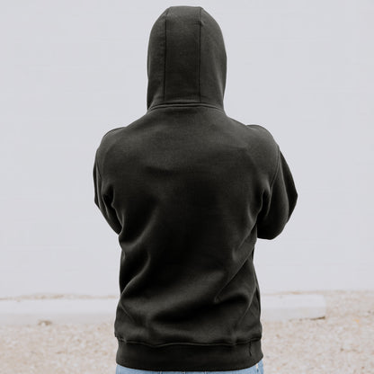 OOsmash men’s black hoodie with gray plug design back view, made from cotton-poly blend