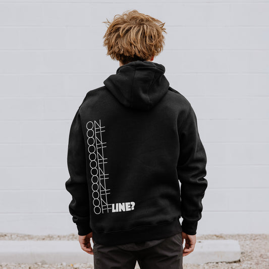 Black Men's OOsmash hoodie - On/Off/Line graphic design symbolizing balance and control
