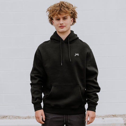 Model Wearing Black On/Off Line Hoodie with Premium Stitching Front