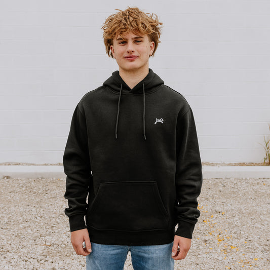 OOsmash men’s black hoodie with red plug design made from 80% cotton and 20% polyester.