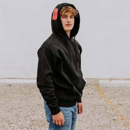 OOsmash men’s black hoodie with red plug design made from 80% cotton and 20% polyester.