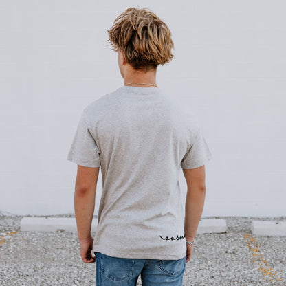 Back view of OOsmash men’s gray T-Shirt crafted from high-quality Supima cotton for comfort and durability.