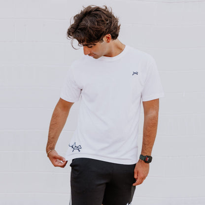 Model wearing OOsmash men’s white T-Shirt featuring clean stitching and relaxed fit.