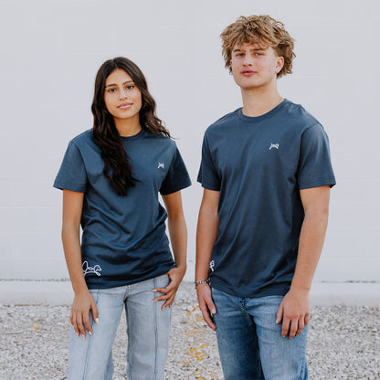 Models wearing OOsmash women’s navy blue T-Shirt featuring clean seams and comfortable fit.