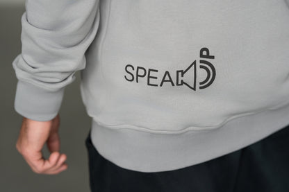 OOsmash Speak Up Hoodie — close-up Speak Up print detail, oversized bold graphic on premium French Terry cotton, OOsmash streetwear