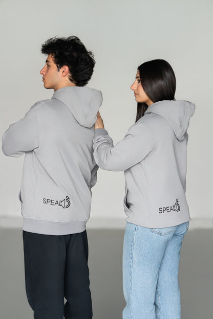 OOsmash Speak Up Hoodie — man and woman wearing matching Speak Up hoodie side view, men's luxury streetwear hoodie, gift for him