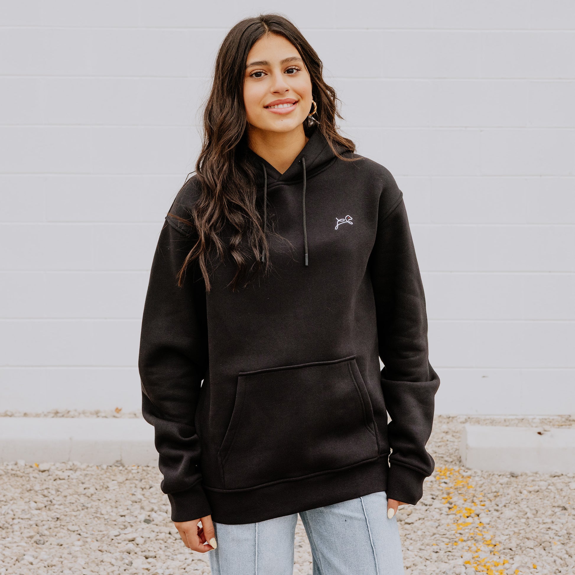 OOsmash women’s black On/Off Line hoodie made from 80% cotton and 20% polyester with soft, premium finish.