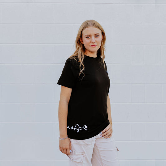 OOsmash women’s black T-Shirt made from 100% Supima cotton with soft, premium finish.