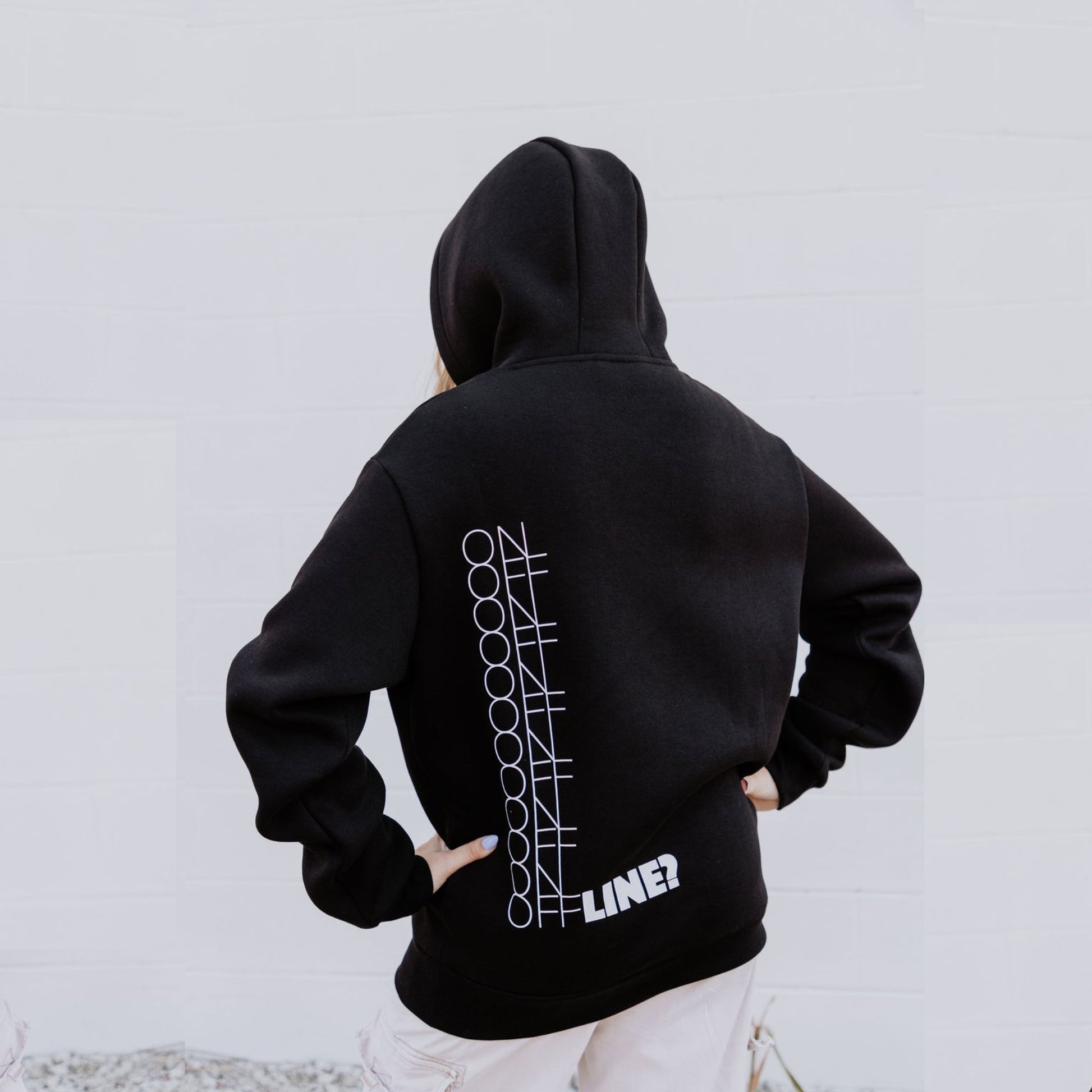 OOsmash women’s black On/Off Line hoodie made from 80% cotton and 20% polyester with soft, premium finish.