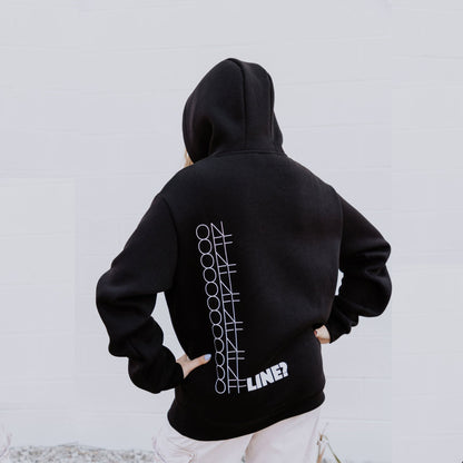 OOsmash women’s black On/Off Line hoodie made from 80% cotton and 20% polyester with soft, premium finish.