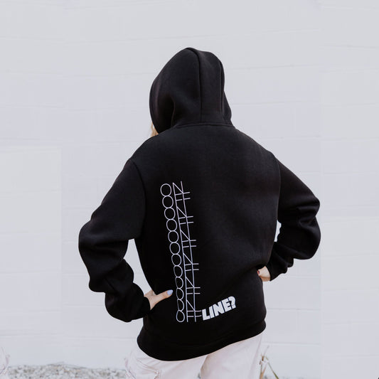 OOsmash women’s black On/Off Line hoodie made from 80% cotton and 20% polyester with soft, premium finish.