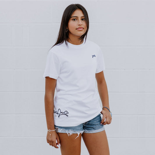 OOsmash women’s white T-Shirt made from 100% Supima cotton with soft, premium texture.