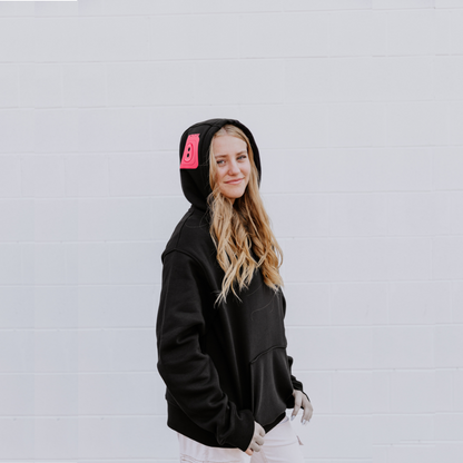 OOsmash women’s black hoodie with red plug design made from 80% cotton and 20% polyester.